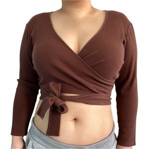 Zara V-Neck Wrap Front Tie Waist Long Sleeve Rib Crop Top Brown Women's Size L